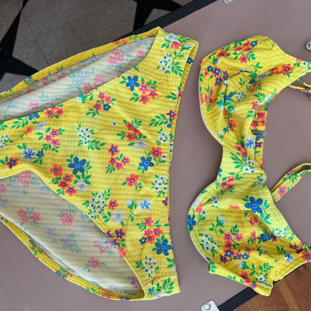 Vintage bright Yellow and Blue Bikini with Floral Pattern